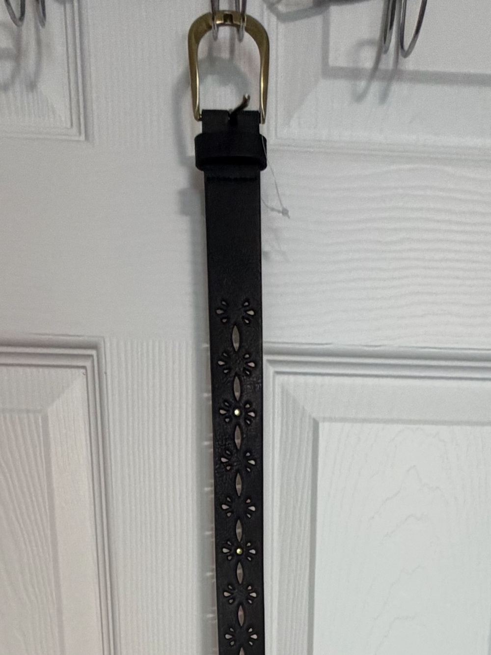 New Women's Black Laser-Cut Leather Belt with Gold Buckle